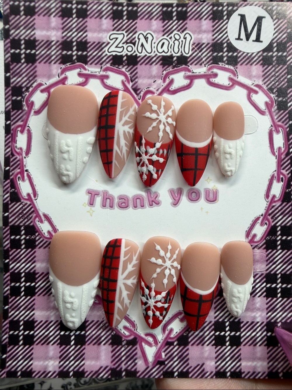 Holiday Red Plaid & Nude Snowflake Press-On Nails